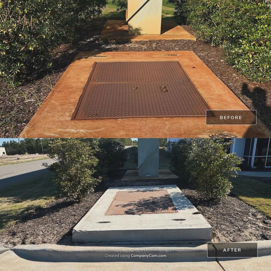 Rust-stained concrete pad before, and clean concrete after