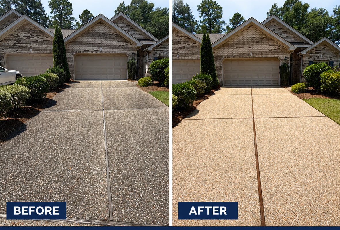 Concrete driveway before and after pressure washing — grey and stained on the left, clean on the right, Wilmington NC