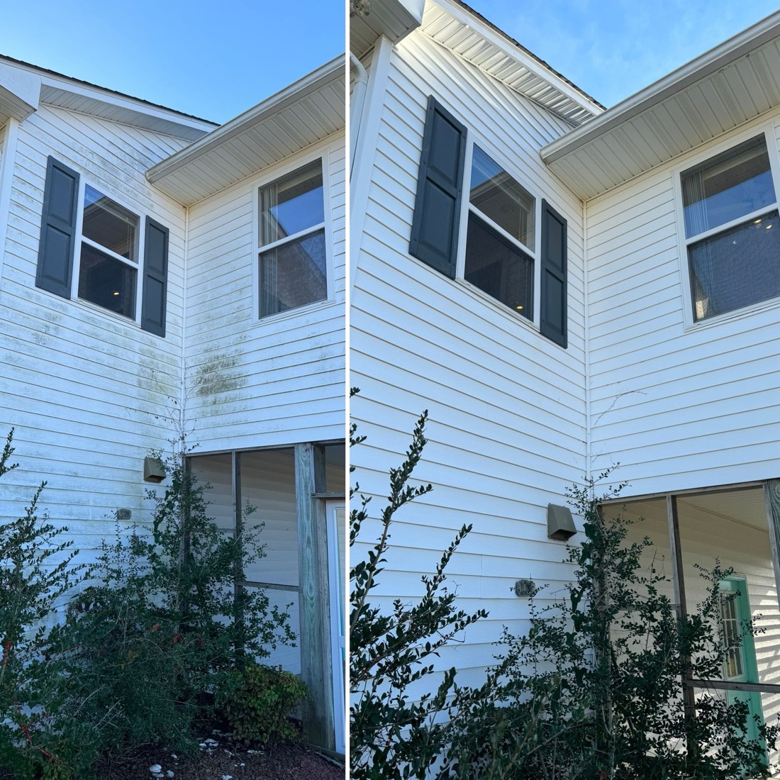 Two-story vinyl siding with green algae before, and clean white after a soft wash